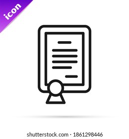 Black line Certificate template icon isolated on white background. Achievement, award, degree, grant, diploma concepts.  Vector