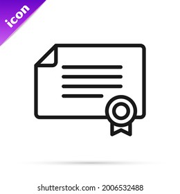 Icono de plantilla de certificado de línea negra aislado en fondo blanco. Logro, premio, título, subvención, diploma.  Vector