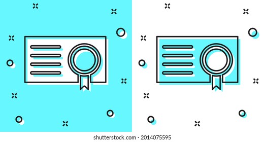 Black line Certificate template icon isolated on green and white background. Achievement, award, degree, grant, diploma concepts. Random dynamic shapes. Vector Illustration