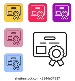 Black line Certificate template icon isolated on white background. Achievement, award, degree, grant, diploma concepts. Set icons in color square buttons. Vector