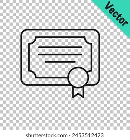Black line Certificate template icon isolated on transparent background. Achievement, award, degree, grant, diploma concepts.  Vector