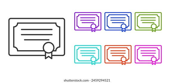 Black line Certificate template icon isolated on white background. Achievement, award, degree, grant, diploma concepts. Set icons colorful. Vector