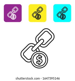 Black line Chain link and coin icon isolated on white background. Link single. Hyperlink chain symbol. Set icons colorful square buttons. Vector Illustration