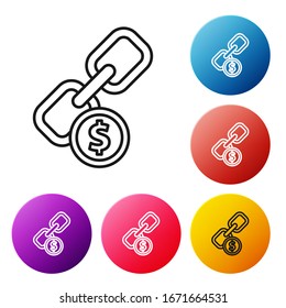 Black line Chain link and coin icon isolated on white background. Link single. Hyperlink chain symbol. Set icons colorful circle buttons. Vector Illustration