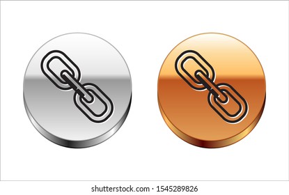 Black line Chain link icon isolated on white background. Link single. Silver-gold circle button. Vector Illustration