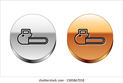 Black line Chainsaw icon isolated on white background. Silver-gold circle button. Vector Illustration