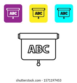 Black line Chalkboard icon isolated on white background. School Blackboard sign. Set icons colorful square buttons. Vector Illustration
