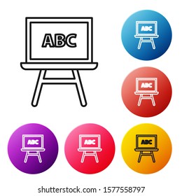 Black line Chalkboard icon isolated on white background. School Blackboard sign. Set icons colorful circle buttons. Vector Illustration