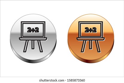 Black line Chalkboard icon isolated on white background. School Blackboard sign. Silver-gold circle button. Vector Illustration