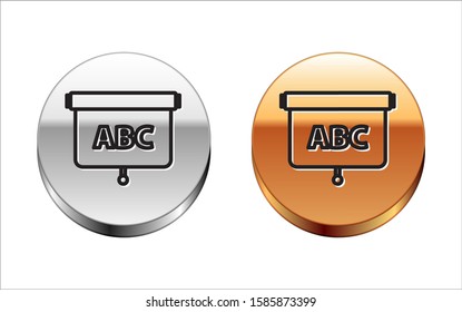 Black line Chalkboard icon isolated on white background. School Blackboard sign. Silver-gold circle button. Vector Illustration