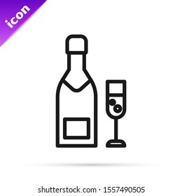 Black line Champagne bottle and glass of champagne icon isolated on white background. Merry Christmas and Happy New Year.  Vector Illustration