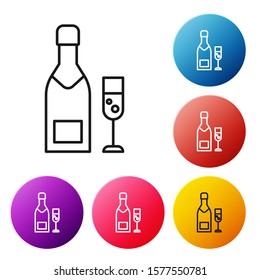 Black line Champagne bottle and glass of champagne icon isolated on white background. Merry Christmas and Happy New Year. Set icons colorful circle buttons. Vector Illustration