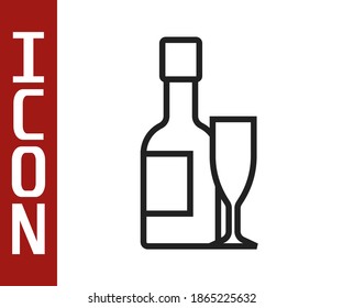 Black line Champagne bottle and glass of champagne icon isolated on white background. Merry Christmas and Happy New Year.  Vector