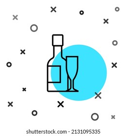 Black line Champagne bottle and glass of champagne icon isolated on white background. Merry Christmas and Happy New Year. Random dynamic shapes. Vector