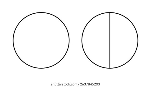 Black line chart. Pie, pizza, rounded shape, shape cut in 2 equal slices. Divided circle in two segments. Outline style. 