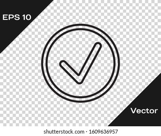 Black line Check mark in circle icon isolated on transparent background. Choice button sign. Checkmark symbol.  Vector Illustration