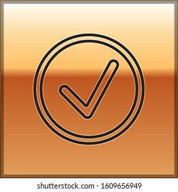Black line Check mark in circle icon isolated on gold background. Choice button sign. Checkmark symbol.  Vector Illustration