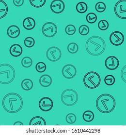 Black line Check mark in circle icon isolated seamless pattern on green background. Choice button sign. Checkmark symbol.  Vector Illustration