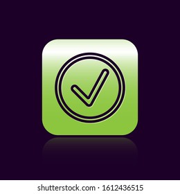 Black line Check mark in circle icon isolated on black background. Choice button sign. Checkmark symbol. Green square button. Vector Illustration