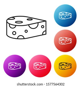 Black line Cheese icon isolated on white background. Set icons colorful circle buttons. Vector Illustration