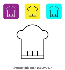 Black line Chef hat icon isolated on white background. Cooking symbol. Cooks hat. Set icons colorful square buttons. Vector Illustration
