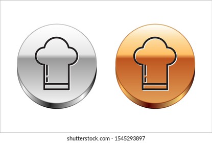 Black line Chef hat icon isolated on white background. Cooking symbol. Cooks hat. Silver-gold circle button. Vector Illustration