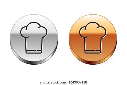 Black line Chef hat icon isolated on white background. Cooking symbol. Cooks hat. Silver-gold circle button. Vector Illustration