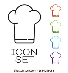 Icono de sombrero Chef de línea negra aislado en fondo blanco. Símbolo de cocina. Cocina el sombrero. Establecer iconos coloridos.  Ilustración vectorial