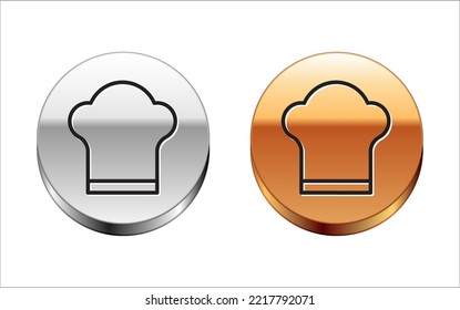 Black line Chef hat icon isolated on white background. Cooking symbol. Cooks hat. Silver-gold circle button. Vector