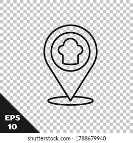 Black line Chef hat with location icon isolated on transparent background. Cooking symbol. Cooks hat.  Vector