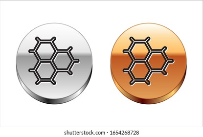 Black line Chemical formula consisting of benzene rings icon isolated on white background. Silver-gold circle button. Vector Illustration