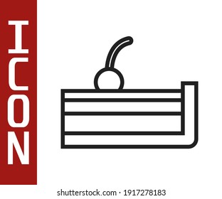 Black line Cherry cheesecake slice with fruit topping icon isolated on white background.  Vector