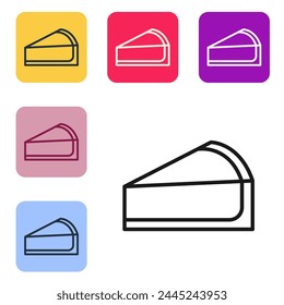 Black line Cherry cheesecake slice with fruit topping icon isolated on white background. Set icons in color square buttons. Vector