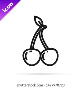 Black line Cherry icon isolated on white background. Fruit with leaf symbol.  Vector Illustration