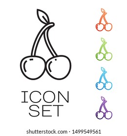 Black line Cherry icon isolated on white background. Fruit with leaf symbol. Set icons colorful. Vector Illustration