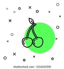 Black line Cherry icon isolated on white background. Fruit with leaf symbol.  Vector Illustration