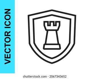 Black line Chess shield icon isolated on white background. Business strategy. Game, management, finance.  Vector