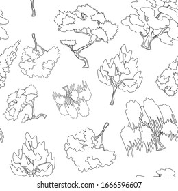 Black line chestnut and apple tree on white backdrop. Juniper seamless pattern for wallpaper, wrap paper, bath tile or bed linen. Phone case or cloth print art. Minimal style stock vector illustration