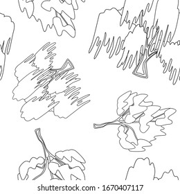 Black line chestnut tree on white backdrop. Weeping willow seamless pattern for wallpaper, wrap paper, bath tile or bed linen. Phone case or cloth print art. Minimal style stock vector illustration
