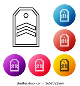 Icono de la línea negra Chevron aislado en fondo blanco. Signo de placa militar. Establezca los iconos de los botones de círculo coloridos. Ilustración vectorial
