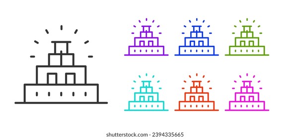 Black line Chichen Itza in Mayan icon isolated on white background. Ancient Mayan pyramid. Famous monument of Mexico. Set icons colorful. Vector