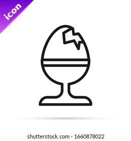 Black line Chicken egg on a stand icon isolated on white background. Happy Easter.  Vector Illustration