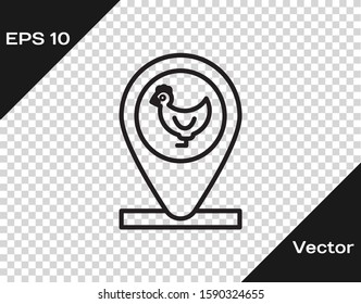 Black line Chicken farm and location icon isolated on transparent background.  Vector Illustration