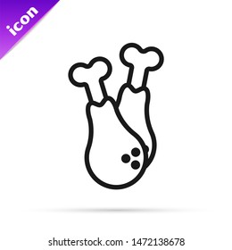 Black line Chicken leg icon isolated on white background. Chicken drumstick.  Vector Illustration