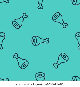 Black line Chicken leg icon isolated seamless pattern on green background. Chicken drumstick.  Vector