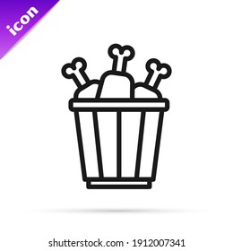 Black line Chicken leg in package box icon isolated on white background. Chicken drumstick.  Vector