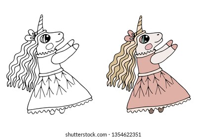 Black line child Unicorn with long hair in dress for coloring book or pages. Cute Unicorn.