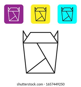 Restaurante chino de línea negra abierto saca el icono lleno de caja aislado en fondo blanco. Quita comida. Defina los iconos con los botones cuadrados coloridos.  Ilustración vectorial