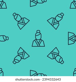 Black line Chinese woman in traditional clothes icon isolated seamless pattern on green background. Asian girl.  Vector