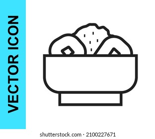 Black line Chow mein on plate icon isolated on white background. Asian food.  Vector